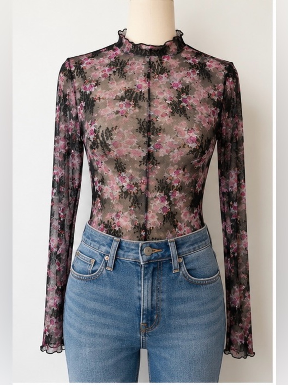 Intimately Free People Floral Mesh Mock Neck Sheer Top M Black Pink Long Sleeve - Picture 2 of 6